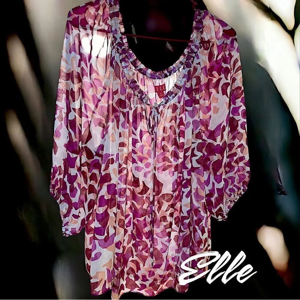 Elle l Pink Cream White l Sheer l Top, Blouse l 3/4 sleeve l 1X